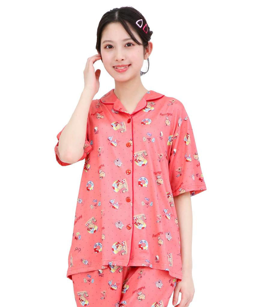 SAZAC Peach Side Hello Kitty Shirt Cotton Short Sleeve and Long Pants Loungewear Pajamas, 100% Broadcloth, Women's Set, (Red/L/SAN1949)
