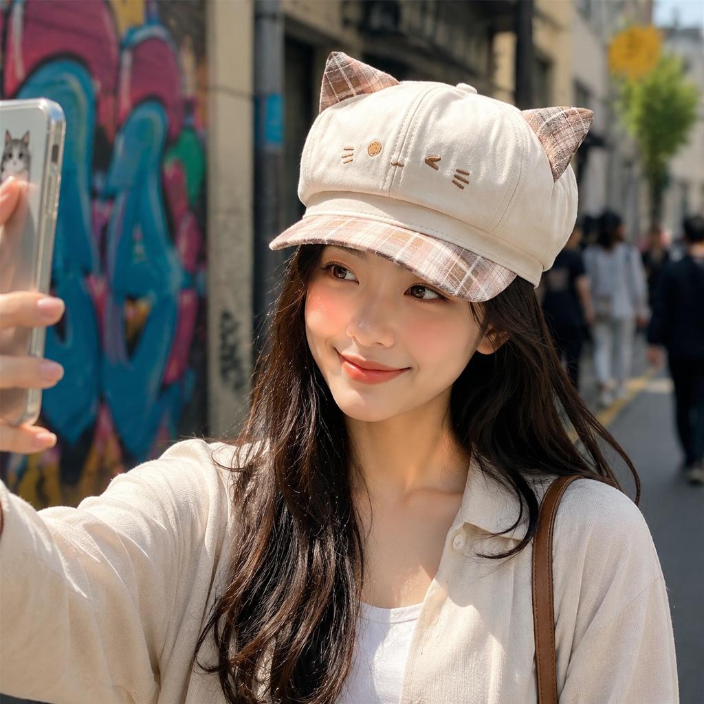 Women's Newsboy Cap Cute Cat Ear Hat for Party Outfits Cartoon Octagonal Beret Kawaii Streetwear Headwear Fashionable Women Hat