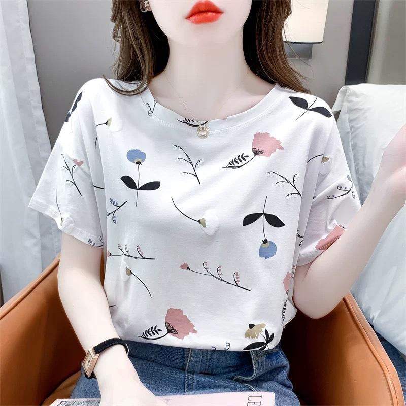 Women Summer Short Sleeve O Neck Gradient Color Letter Printed Fashion Cotton T Shirt Top