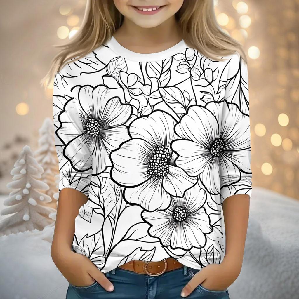 Детские топы с рукавами 3/4, футболка с принтом, круглый вырез, пуловер, блузка, детские раскрашенные вручную цветные топы