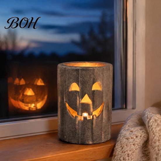 Spooky Halloween Atmosphere Lighting Pumpkin Candle Holder, Resin Hollow Candlestick, Vintage Country Durable Waterproof Statues Style Lantern