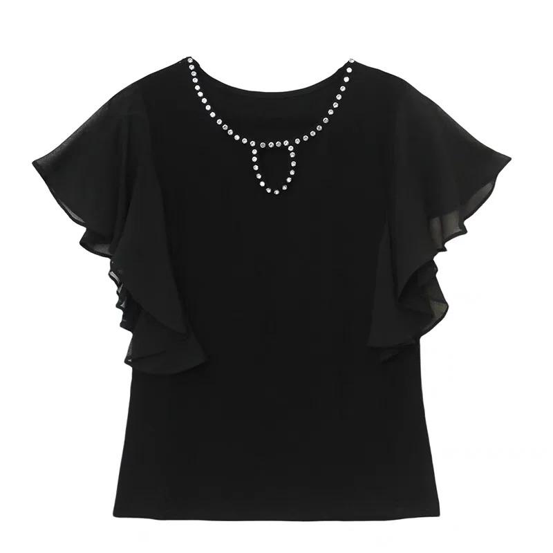 Summer Women's European T-Shirt Sexy O-Neck Hollow Out Hot Diamonds Design Tops Ladies Chic Short Sleeve Slim Tees