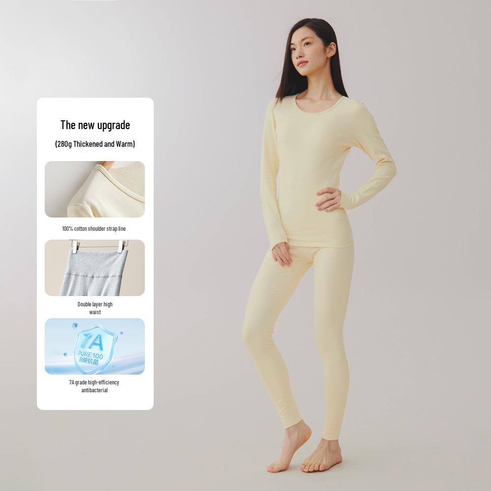 Женский комплект термобелья большого размера из двухсторонней фланели - Чистый хлопок, Толстый базовый слой с круглым вырезом для осени и зимы