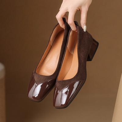Новая удобная модная одинарная обувь женская квадратный носок средний каблук большой размер квадратный каблук закрытая стопа одна педаль повседневная однотонная четыре сезона leat