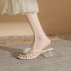 2025 New Square Head Open-toed Middle Heel Fairy Style Temperament with Flower Crystal Heel Cool Slippers Female Muller Shoes
