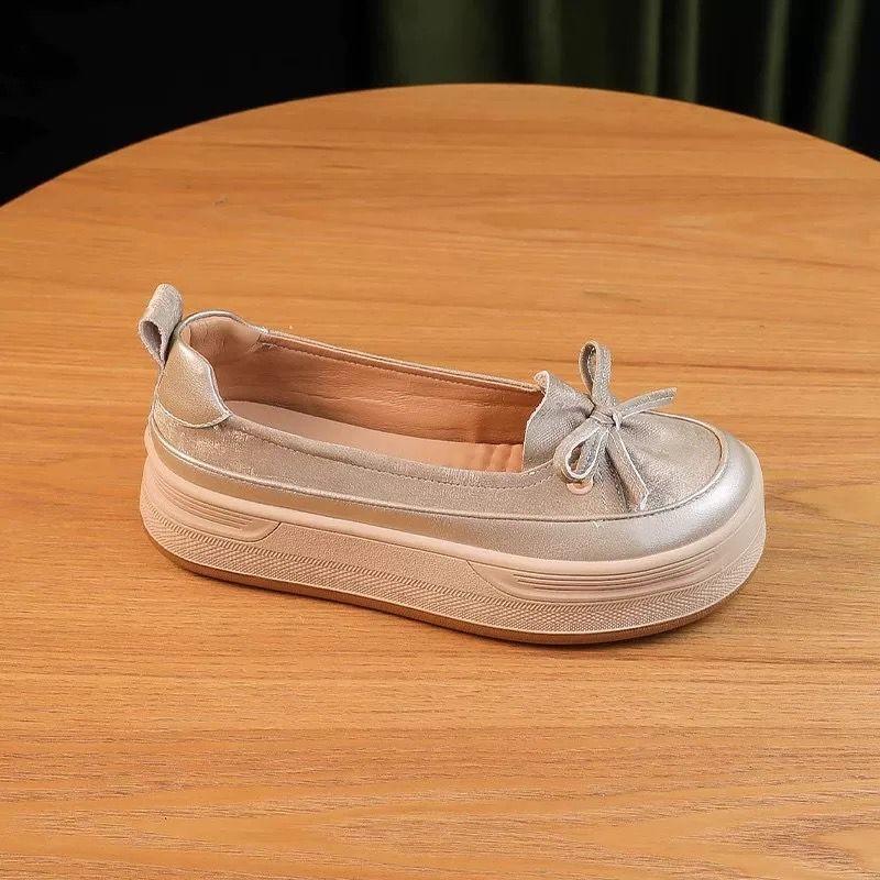 Мода 2024 Весна и осень Новые модные туфли с круглым носком и бантом из кожи с цветным блоком на толстой подошве для женщин