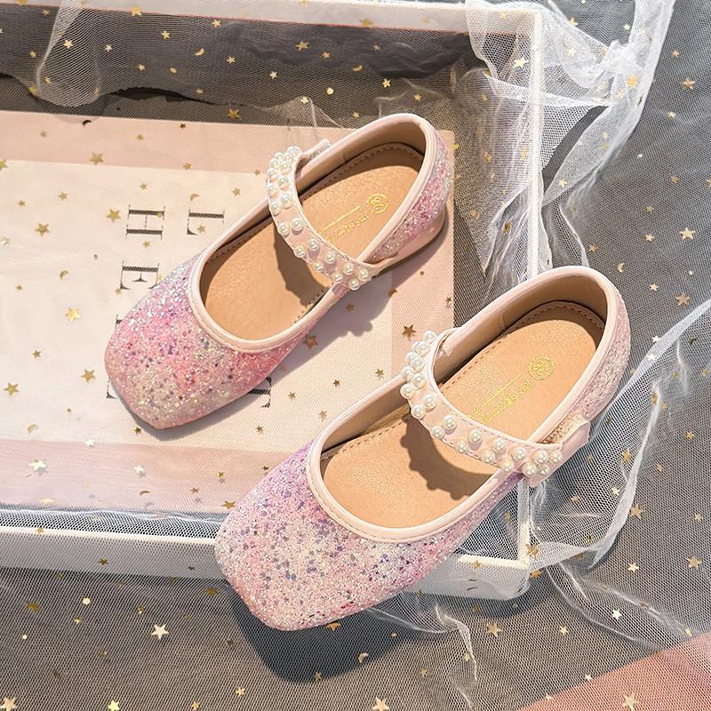 2026 Kids Princess Shoes Girls Low-top Magic Strap Pearl Glitter Crystal Soft Sole Dress