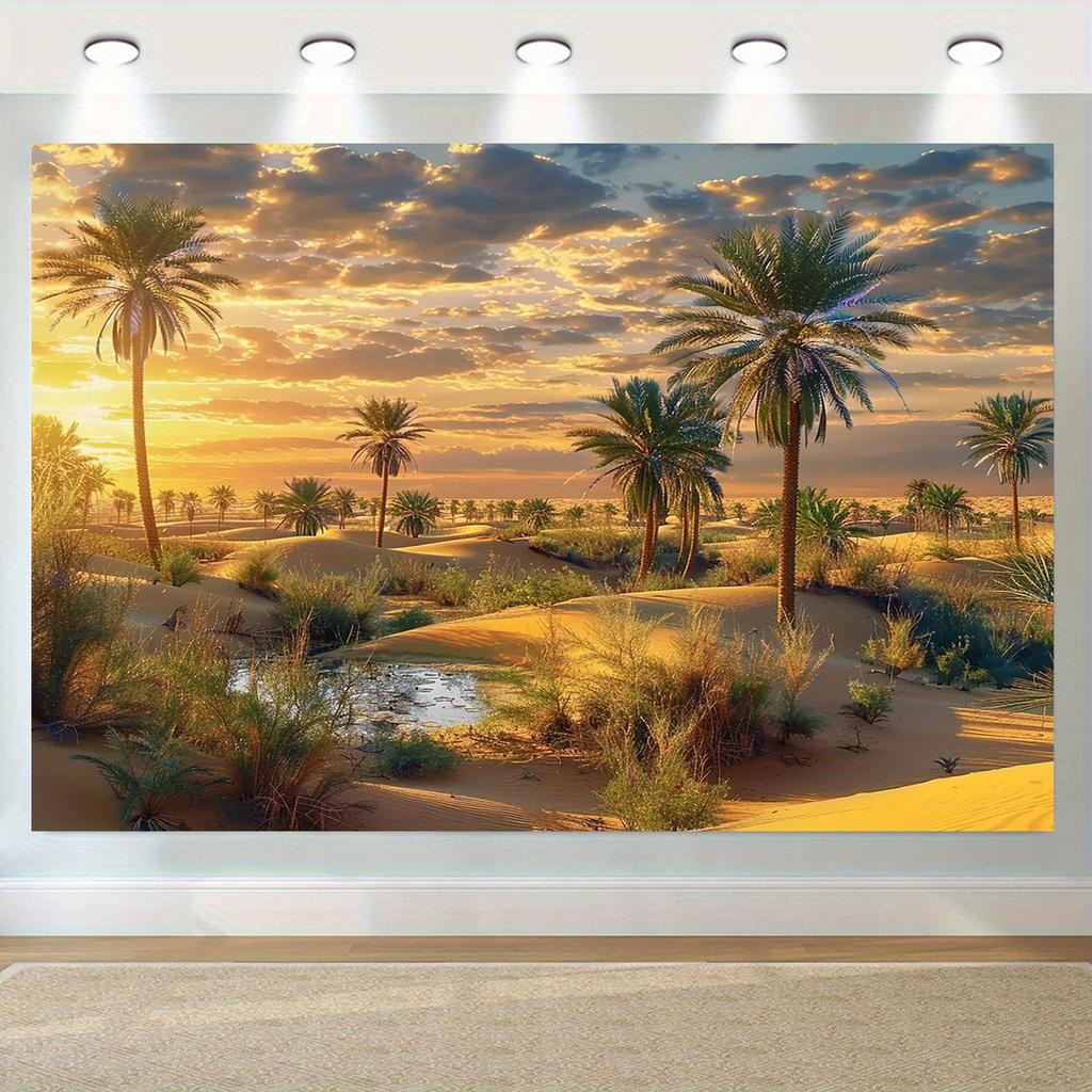 2D flat 1 piece desert palm tree oasis sunset banner background fabric - polyester fabric, for home decoration and parties