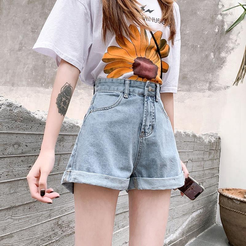 Брюки Классика и минимализм Мода Универсальные Женские Летние Свободные Тонкие Широкие Шорты Из Мешковины Джинсовые Индивидуальность и Модность