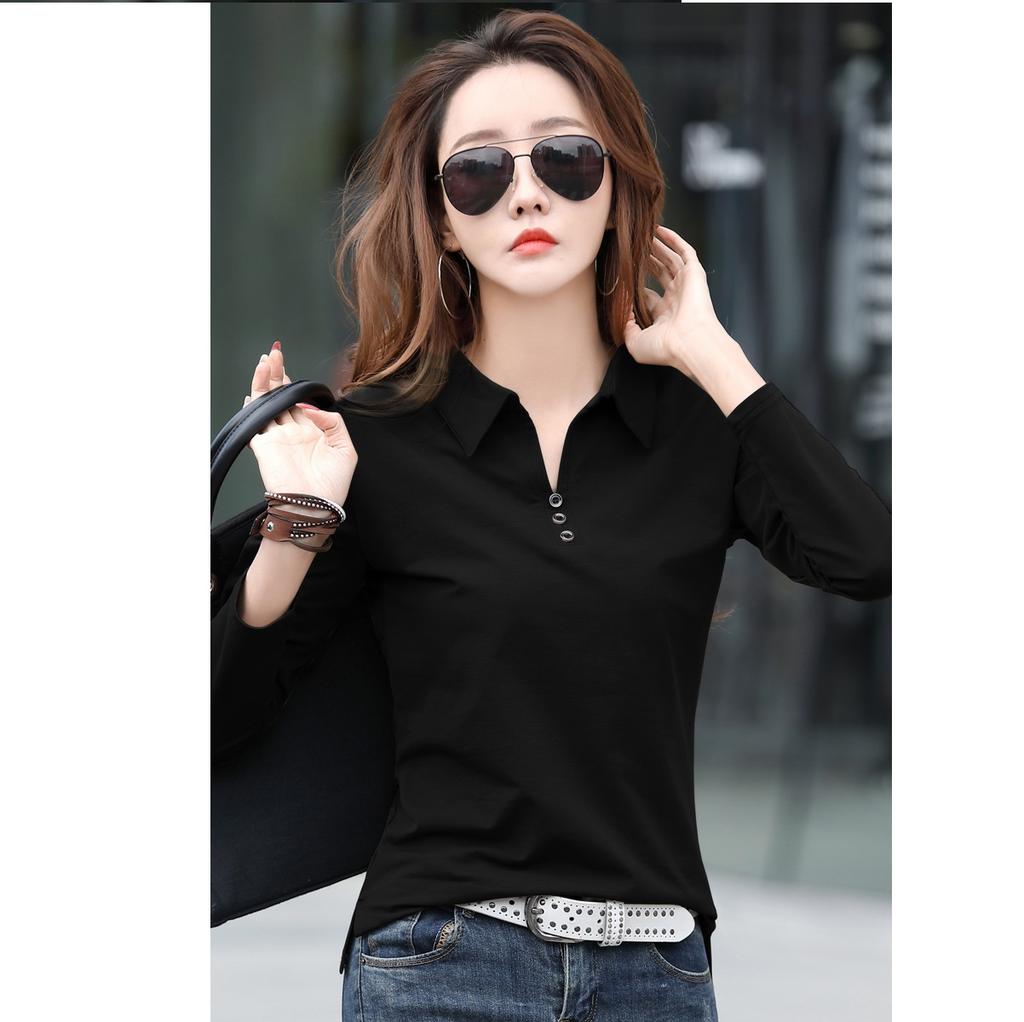 Футболка с длинным рукавом, воротником поло, простая верхняя одежда, женская базовая футболка для весны и лета, облегающая и стройнящая, однотонная
