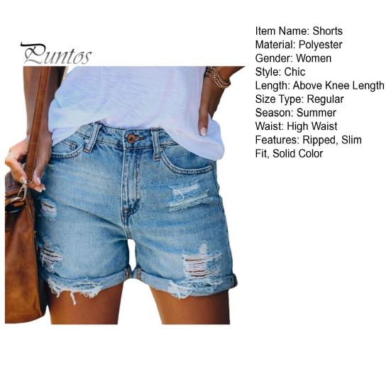 Summer Women Shorts Ripped High Waisy Zipper Button Closure Multi Pockets Folded Hem Streetwear Solid Color Slim Fit Denim Shorts