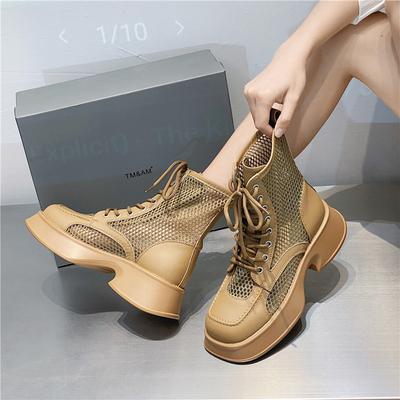 Распродажа, летние ботинки на толстой подошве с дышащей сеткой на платформе, женские мягкие ботильоны на полой подошве, повседневная обувь на шнуровке, женские крутые ботинки