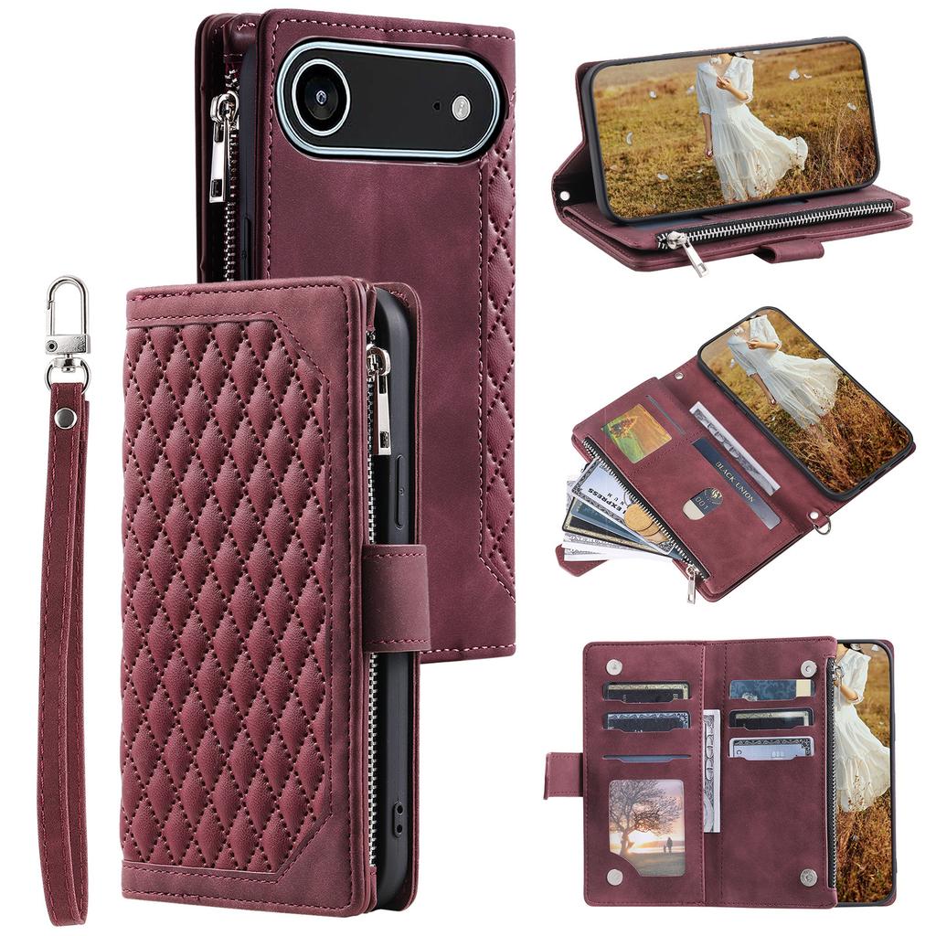 For iPhone 17 Air Wallet Case Rhombus Stitching Line PU Leather Phone Cover with Wrist Strap