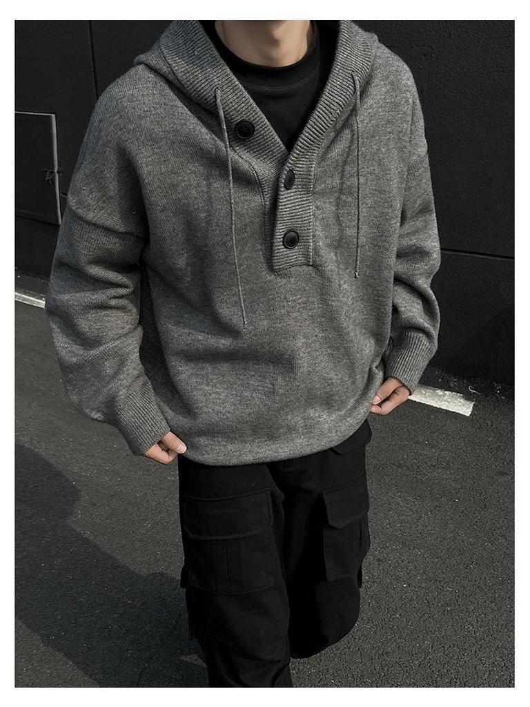 Men's Gray Hooded Knit Sweater - Retro Loose Fit Casual Autumn/Winter Outerwear