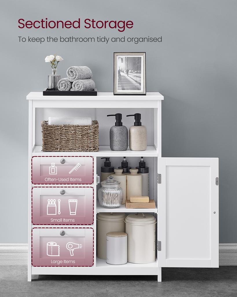 Freestanding Floor Storage Unit with Adjustable Shelf, 3 Drawers Bathroom Cabinet, for Home, White