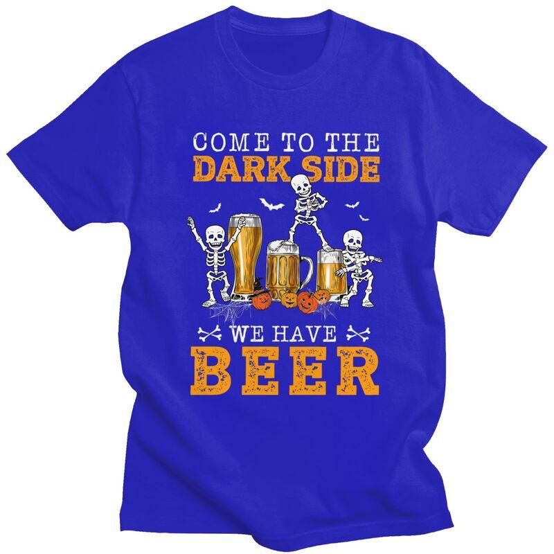 Happy Halloween Skeleton Drinking Beer T Shirts Short Sleeve Tshirt Graphic Tee Tops Pure Cotton Loose Oversized Clothing