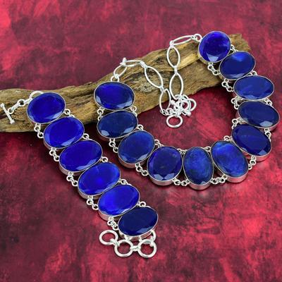 Ювелирные изделия из бирманского синего сапфира, комплект ювелирных изделий из браслета и ожерелья из стерлингового серебра 925 пробы, великолепные украшения ручной работы из сапфира для нее