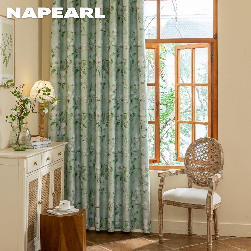 1PC NAPEARL Nordic Countryside Style Green Printed Curtains with Full Blackout Curtains for Bedroom Living Room Balcony Window for Home Decor