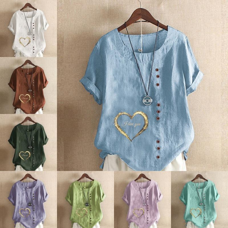 Женская мода Love Shape Printed футболка с коротким рукавом свободная хлопковая рубашка повседневная свободная летняя блузка топы больших размеров