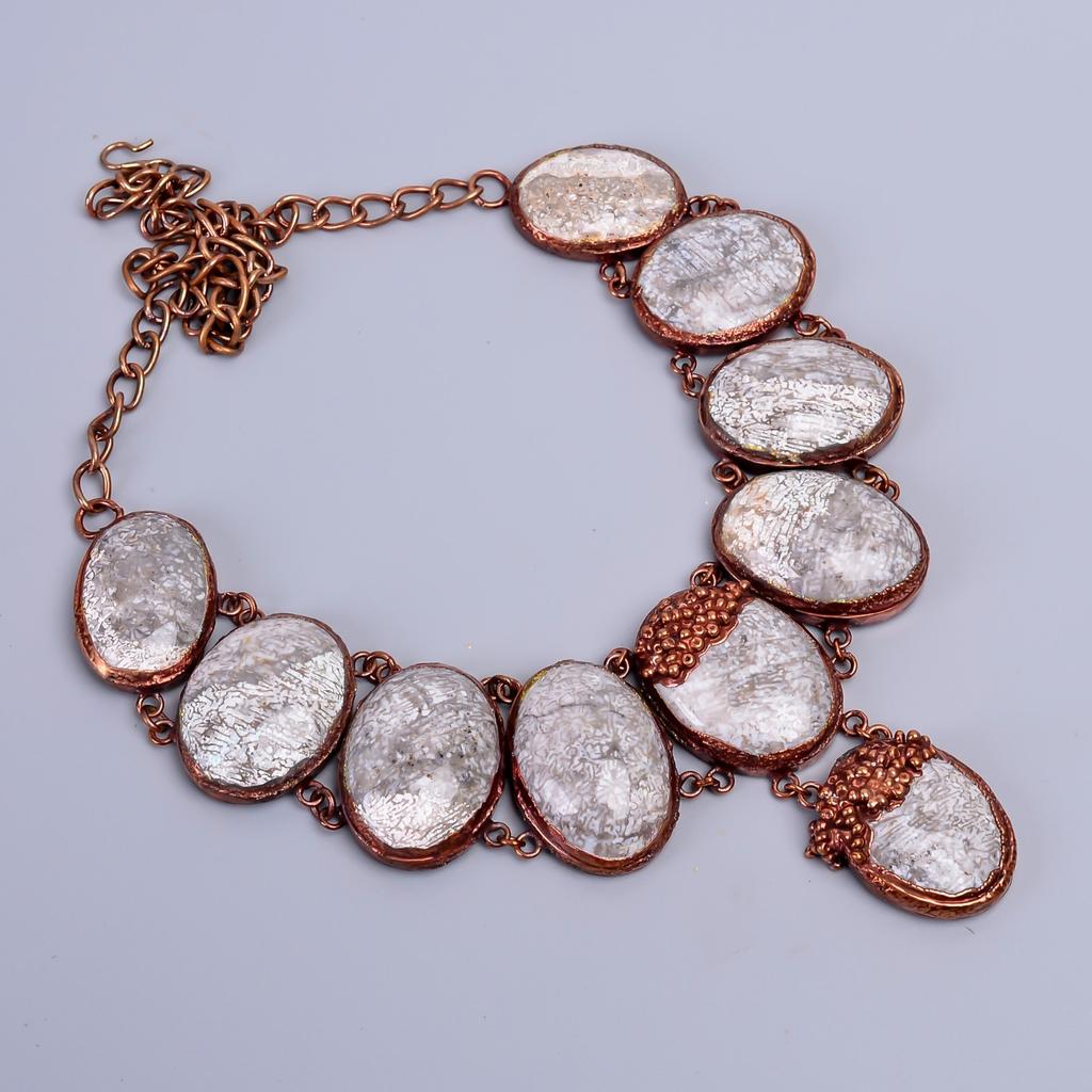 Friendship Day Deal Oval Fossil Coral Stone Copper Electroformed Chain Necklace V-86