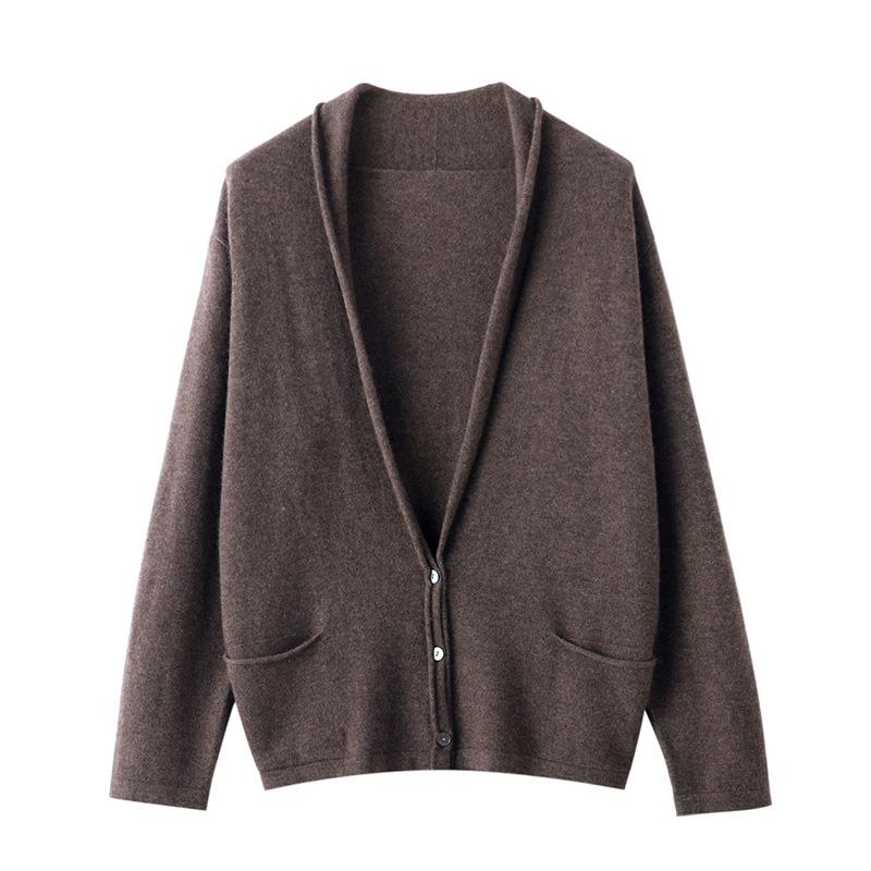 Le Kasha Women's 2026 V-neck Cashmere Cardigan - Korean Style, Autumn/Winter, Loose Fit, Buttoned Coat