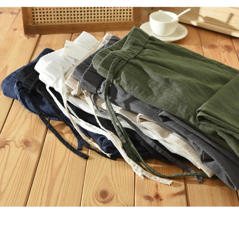 Spring and Summer Baggy Jogging Pants Men Youth Casual Breathable Beach Ramie Cotton Pants Drawstring Elastic Waist Straight Pants