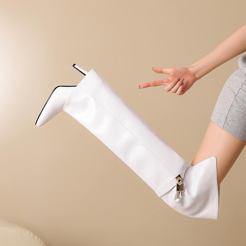 Krazing Pot Cow Split Skin Microfiber Pointed Toe Thin High Heels Size 46 Size 45 Slip On Plus Size Women Keep Warm Over-the-knee Boots