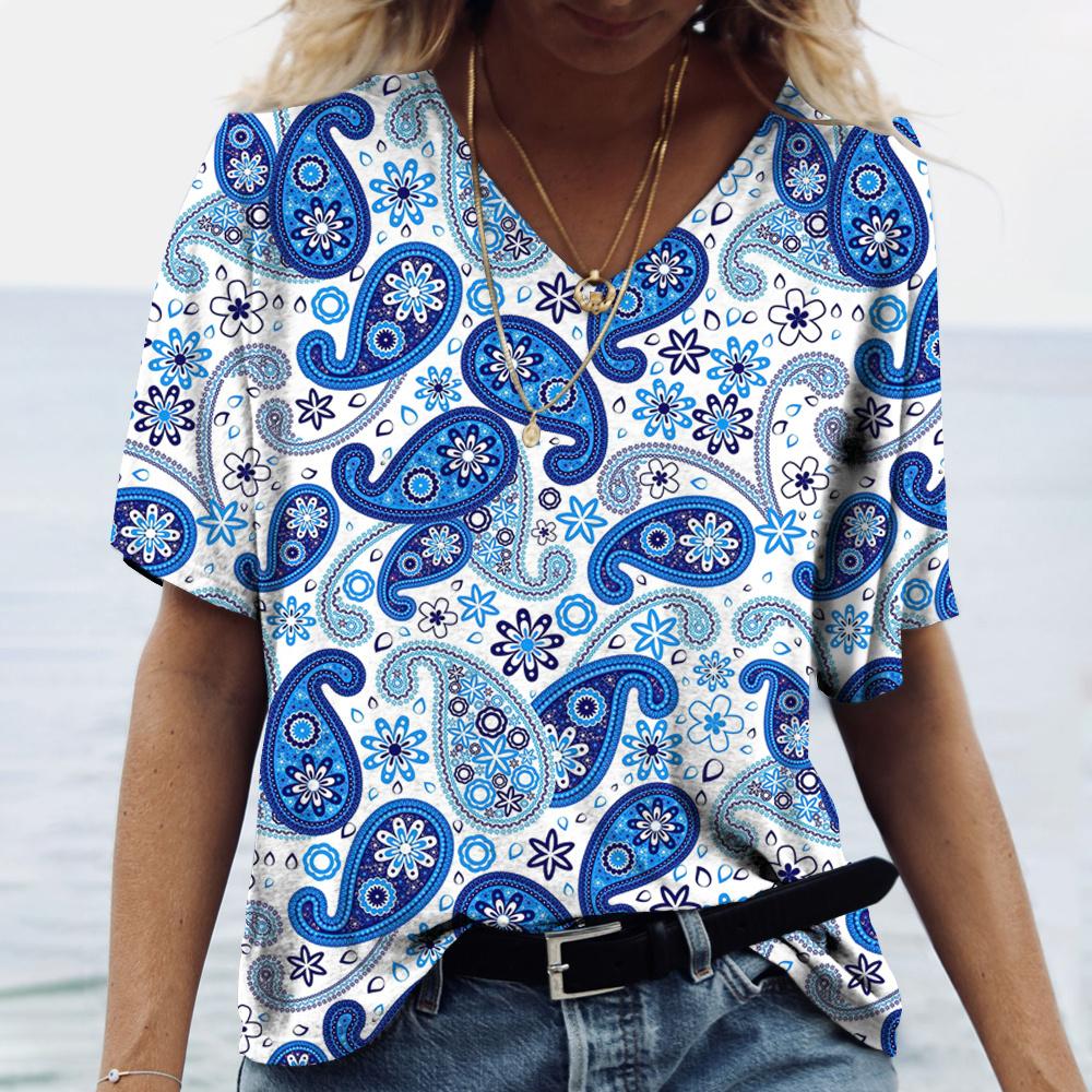Винтажный принт топ женский с коротким рукавом уличная летняя футболка женская мода повседневная футболка с V-образным вырезом женская одежда больших размеров