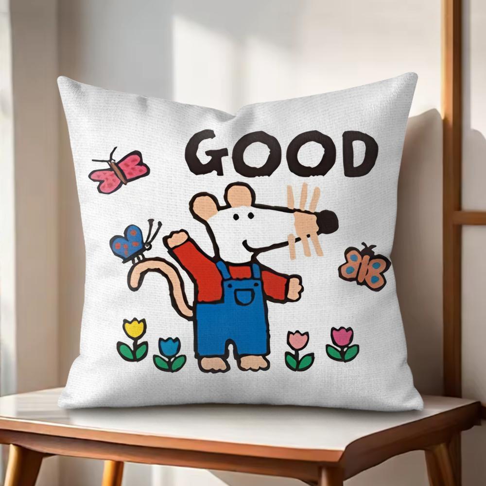 Cute Bobo the Mouse Cushion Cover Natural Linen Organic Fabric DoubleSided Printing Couch Pillow Covers Home Decor
