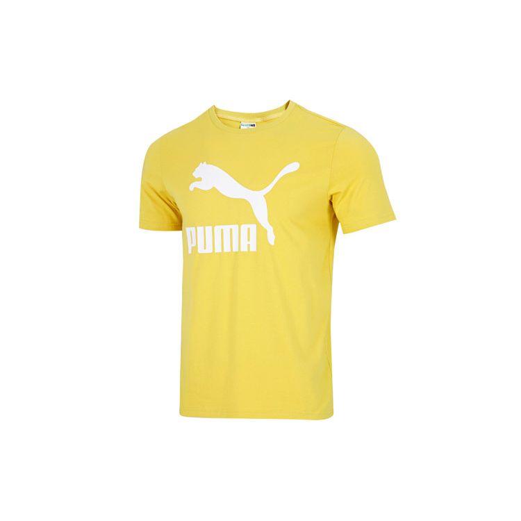Puma Влагоотводящая повседневная футболка с круглым вырезом и коротким рукавом с принтом для мужчин, цвет лимонно-желтый 532280-31