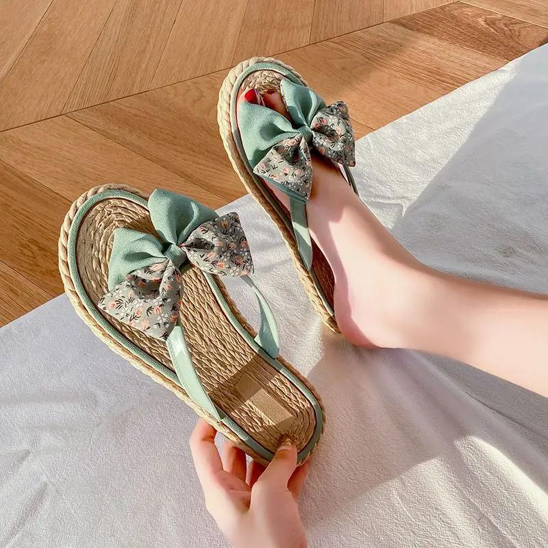 Fashion Slides Open Toe Bow Flip Flops Women's Slippers and Ladies Sandals Outside Shoes On Beach 2024 Flat Pvc 39 Promotion Top Designs