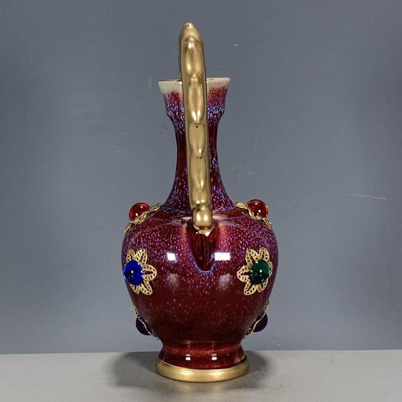 Антикварная коллекция фарфора Цзюнь династии Сун, позолоченная драгоценным камнем керамическая ваза с двумя драконами, украшение для дома, гостиной