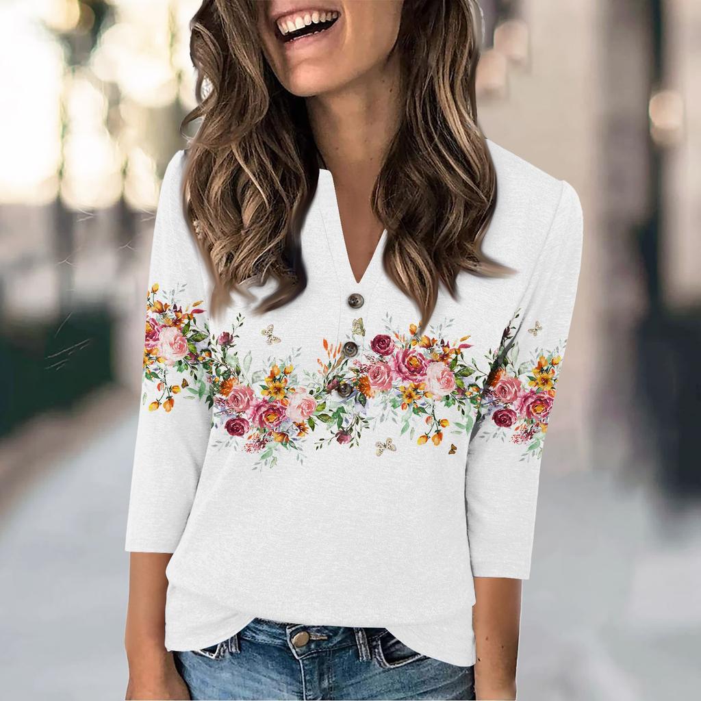 Женская мода повседневный свободный топ с рукавом 3/4 и круглым вырезом