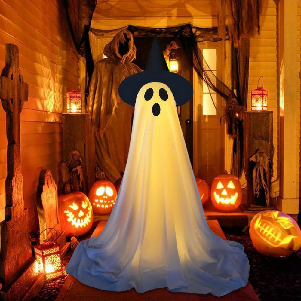Halloween Decorations Spooky Halloween Ghost Decorations for Front Porch Yard Light-up Standing Ghost with Witch Hat for A