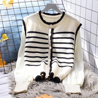 Короткий свитер в полоску, пальто, женская свободная верхняя одежда, кардиган, весенний корейский вариант, искусственный вязаный кардиган из двух частей, свитер