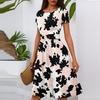 Женское повседневное модное платье миди А-силуэта с круглым вырезом, плиссированными короткими рукавами и цветочным принтом
