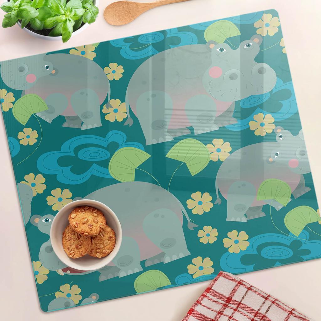 Decorative Glass Kitchen Chopping and Serving Board Hippopotamus 60x52 cm