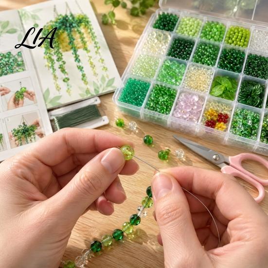 Home Decor Handicraft Beaded Plant DIY Kit, Green Bead Craft Art Hanging Crafting Kit for Teens Adults, Handmade Gift, Desktop Gift Idea