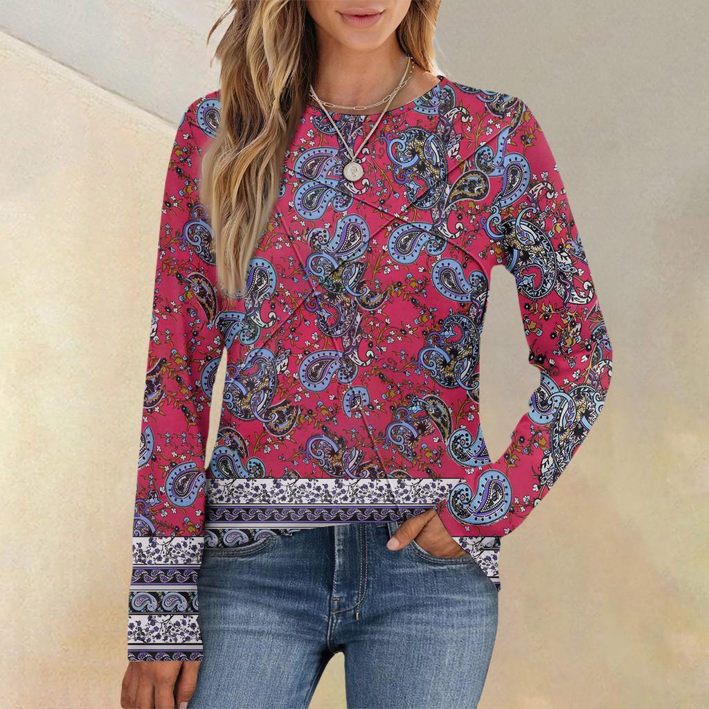 Fashion Women's Long Sleeve Round Neck CasualPleated Floral Print Loose Top