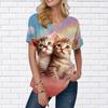 Женская летняя футболка с радужным принтом кота, футболки с короткими рукавами, повседневные топы с принтом, маленький v-образный вырез с короткими рукавами