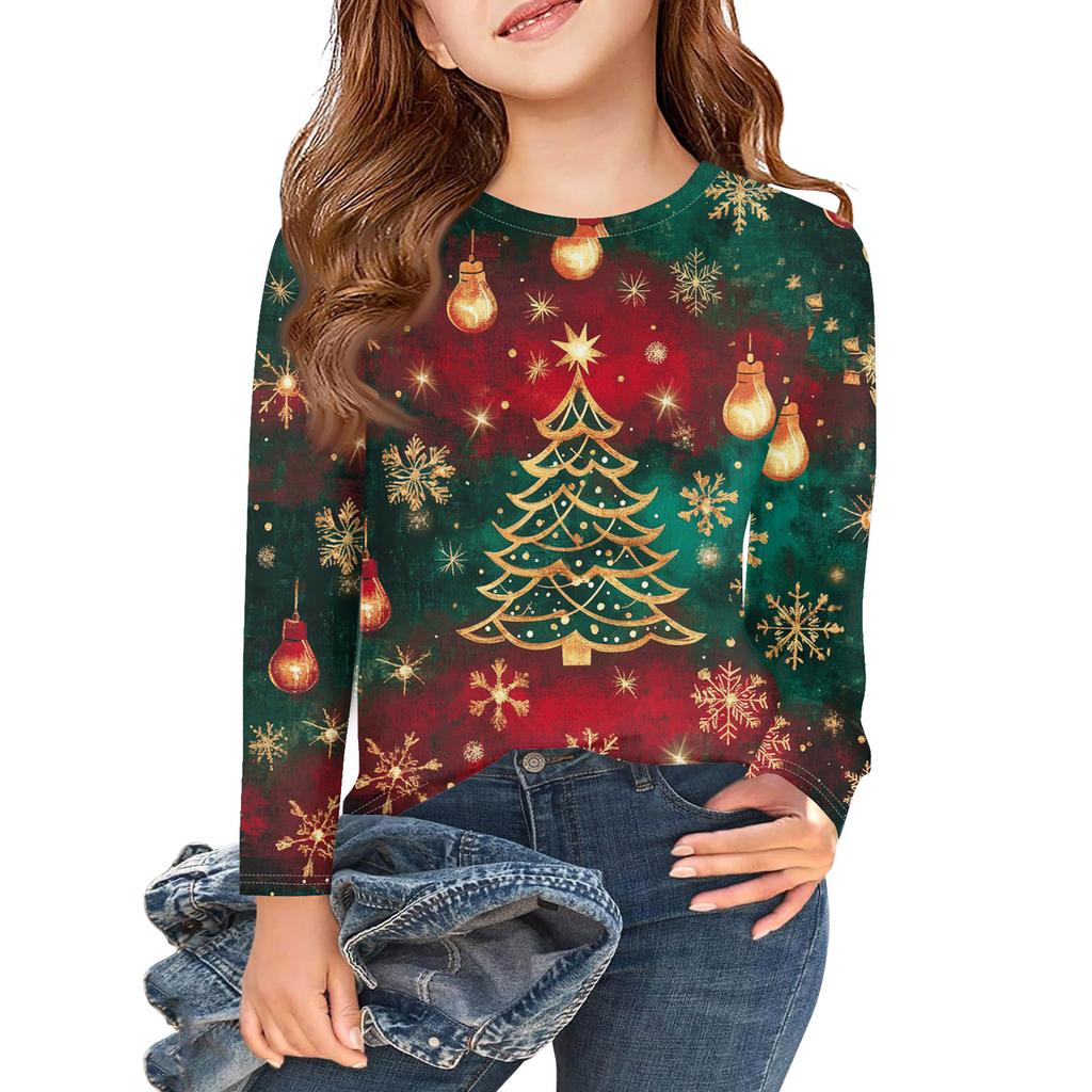 Christmas Day Girls Long Sleeve T Shirts Kids Fall Tops Crewneck Printed Basic Tees