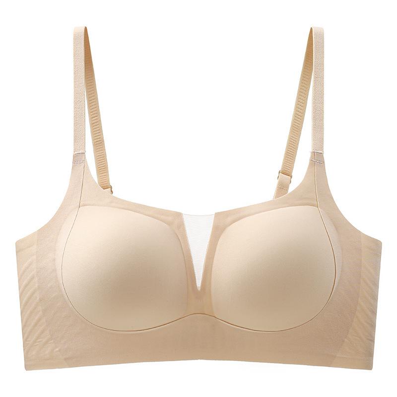 Jelly deep V-neck mesh underwear fixed cup, soft support gathering upper support bra women's seamless steel ring bra