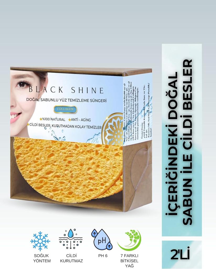 Black Shine Очищающая губка для лица, натуральное мыло с добавлением коллагена, 2X