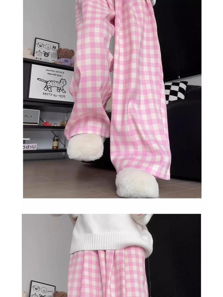 Women's Pink Plaid Straight-Leg Pants, Loose Slimming Fit, Casual Wide-Leg, Floor-Length, Spring/Autumn 2025.