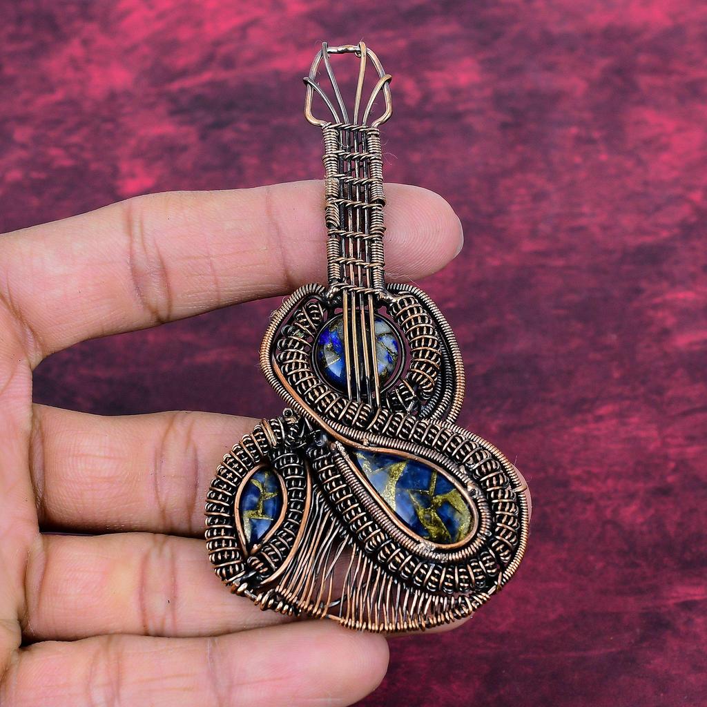 Copper Sodalite Gemstone Pendant Guitar Pendant Copper Wire Wrapped Jewelry