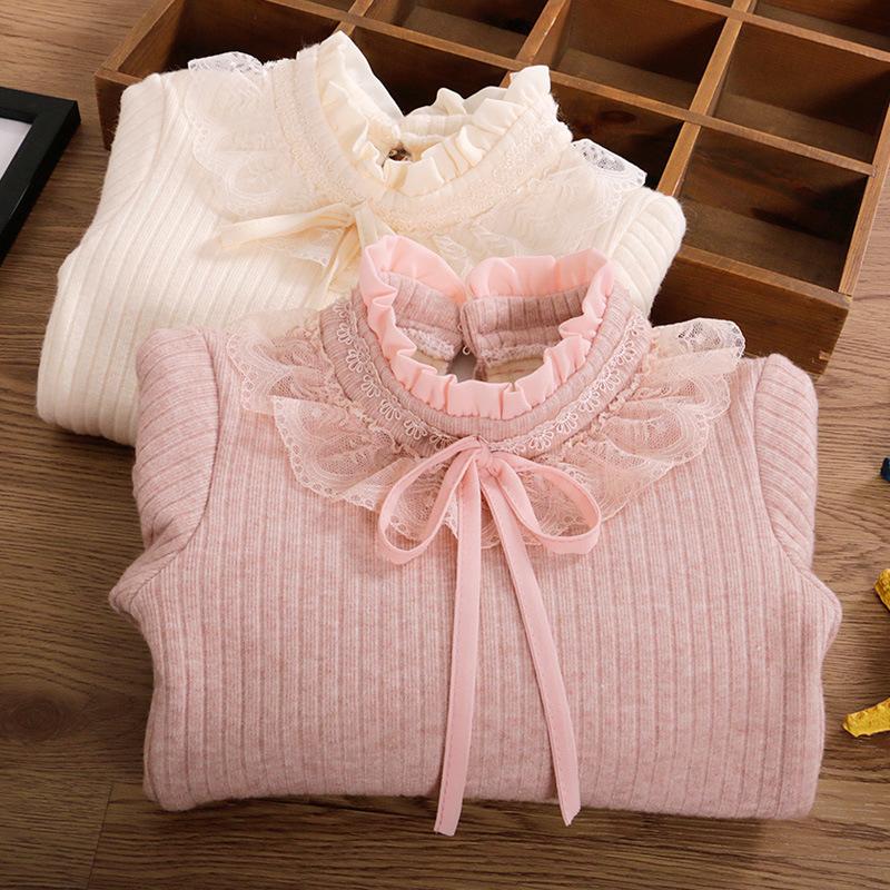 YUBAOBEI Блузки для девочек, белая одежда для маленьких девочек, детская одежда, школьная форма, блузка для девочек, хлопковая детская кружевная рубашка, плюшевый толстый теплый топ, блузки