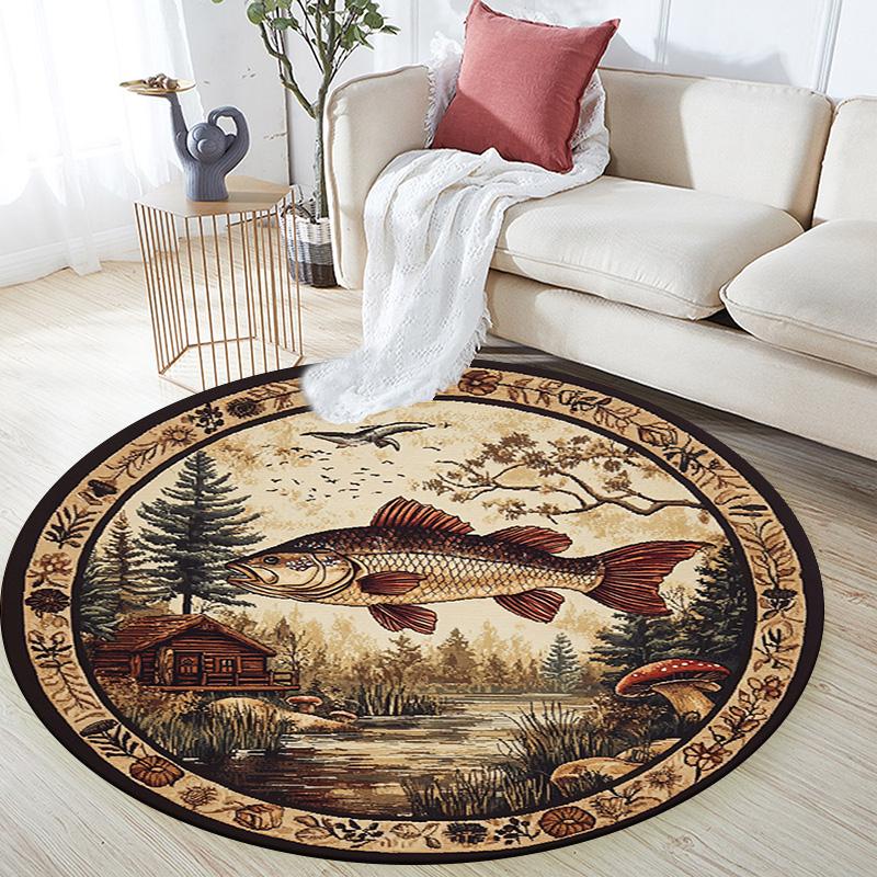 Fish Lake Round Area Rug,Carpet Rug for Living Room Bedroom Sofa Playroom Decor,Non-slip Floor Mat