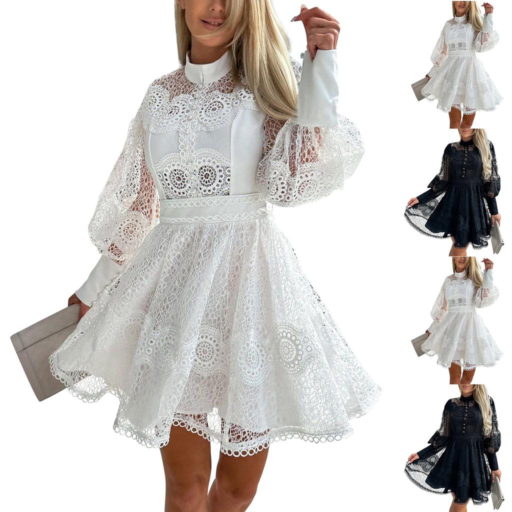 Ladies Fashion Sexy Solid Color Temperament Long Sleeved Lace Lace Lace Dress