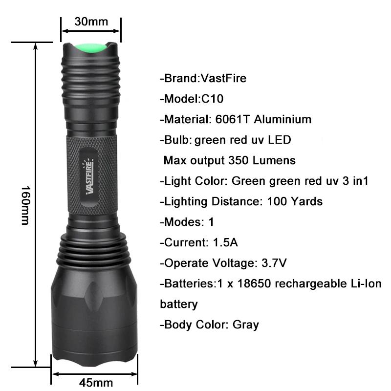 Tactical Flashlight Green/Red/ UV Light 3 Colors Hunting Flashlight Handheld Lantern Portable Torch Outdoor Waterproof Lantern