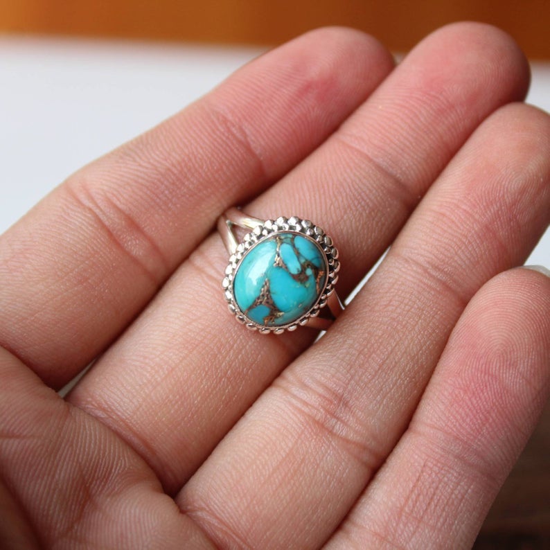 Кольцо из синей меди с бирюзой, кольцо из стерлингового серебра 925 пробы, богемное кольцо, эффектное кольцо-обещание, кольцо с драгоценным камнем, подарок на день святого Валентина,